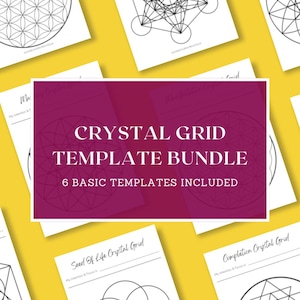 May include: A bundle of white crystal grid templates with geometric designs, including the Seed of Life and Metatron's Cube. The title "Crystal Grid Template Bundle" is displayed on a pink background, with the text "6 Basic Templates Included". The background is yellow.