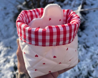 Panière matelassée petits coeurs vichy rouges et ses 3 lingettes démaquillantes coeur - idée cadeau - zéro déchet - st valentin