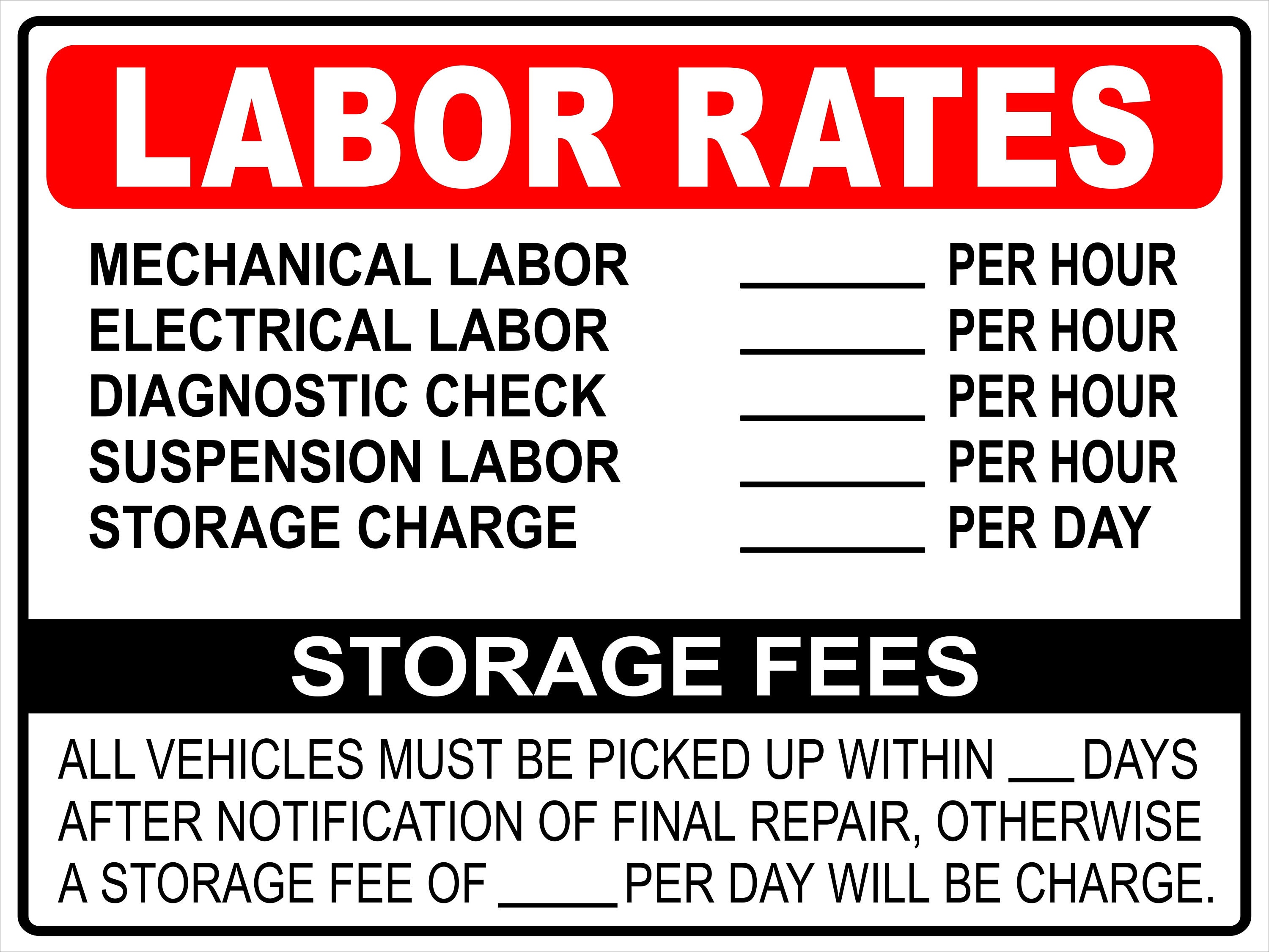 Mechanic Shop Labor Hourly Rate & Storage Fees Price Sign Template PDF