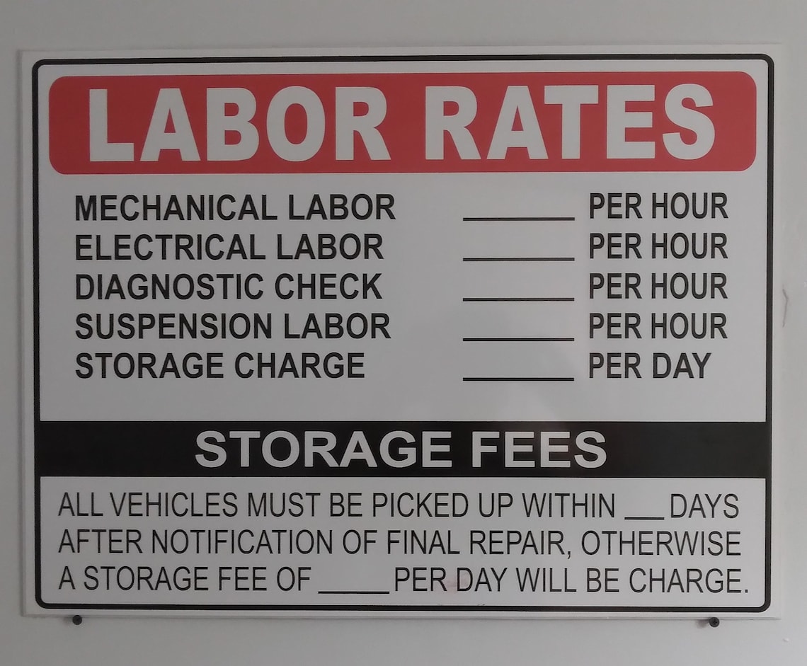 Mechanic Shop Labor Hourly Rate & Storage Fees Price Sign Template PDF ...