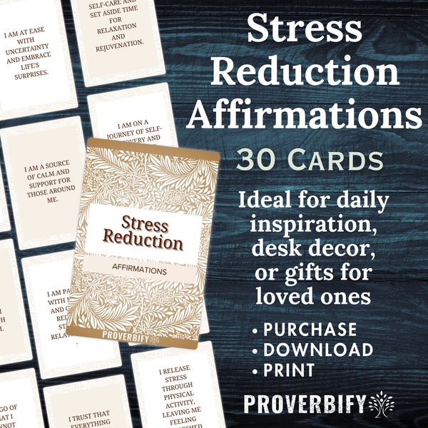 Stress Reduction Affirmations 30 Cards | 2.5x3.5" Self-Care and Wellness | PDF Download & Print