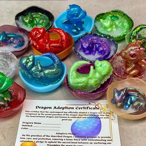 May include: A collection of small, colorful resin dragon figurines, each resting inside a matching or contrasting resin egg-shaped bowl. A paper Dragon Adoption Certificate is placed in the foreground, featuring text and a graphic of a blue dragon egg.