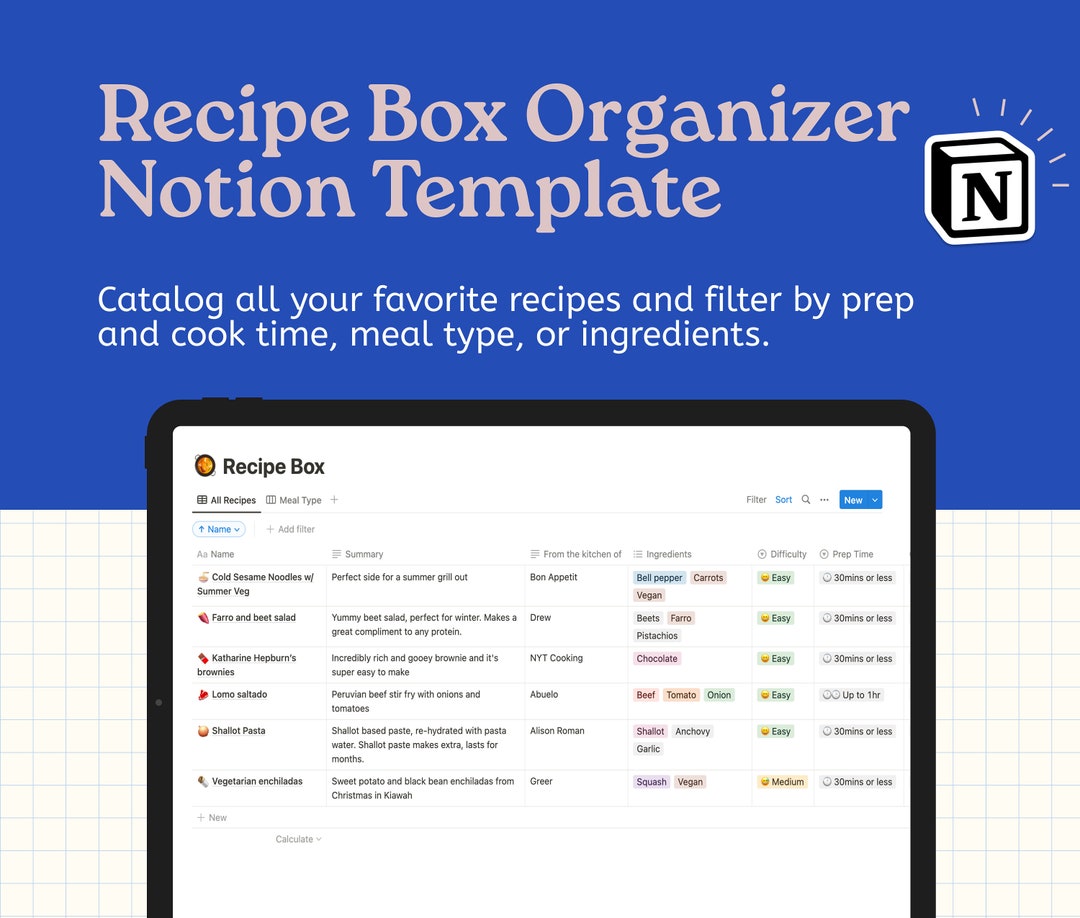 Recipe Organizer Notion Template for Home Cooks Sort Recipes by Prep