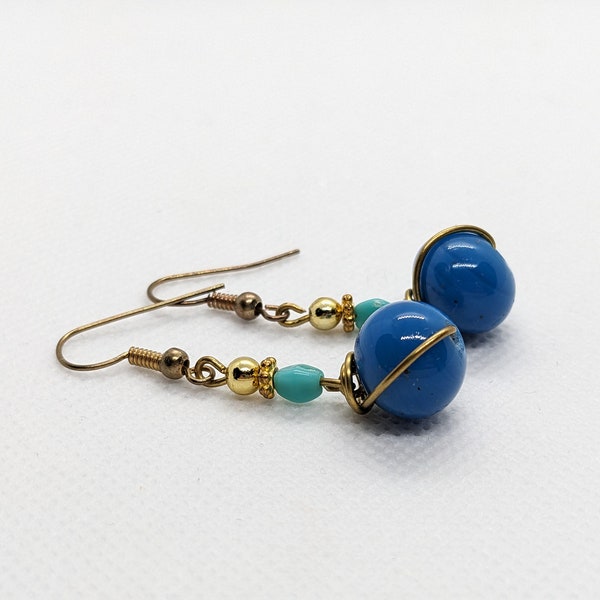 Blue and Gold Wire Wrapped Earrings | Wire Wrapped Bead Dangle Earrings | Lightweight Minimalist Understated Jewelry