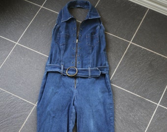 Vintage 90s Jean Denim Jumpsuit Halter S M Made in USA