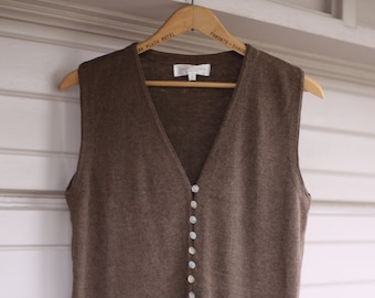 Vintage 90s Linen Cotton Vest Brown Neutral Pearl Buttons Minimal S M Longline