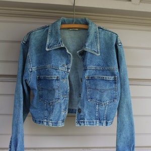 Vintage 90s Y2K Denim Cropped Jean Jacket Nevada Made in Canada Pintuck Boxy S M