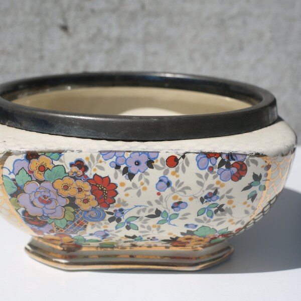 Vintage 20s Footed Ceramic Porcelain Floral Japonaise Chinoiserie Vase Planter Bowl L & Sons Ltd. Vessel Trinket Dish