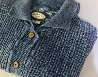 Vintage 90s Indigo Algodón Cardigan Boxy Suéter Hecho en Canadá Sealark West