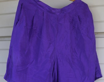 Vintage 80s 90s 100 Silk Purple Shorts Elastic S M Vibrant Neon High Waist