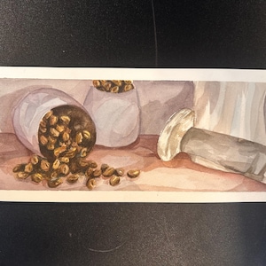 May include: Watercolor painting of coffee beans spilling from a white container, with two other containers of beans in the background. A mortar and pestle are also depicted, suggesting a theme of coffee preparation.