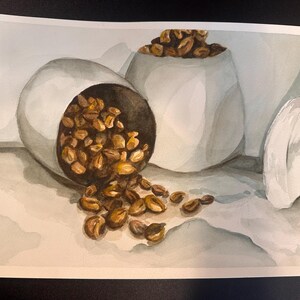 May include: Watercolor painting of coffee beans spilling from a white container. The beans are a mix of brown and tan, with a few scattered on the surface. Another container filled with beans is in the background.