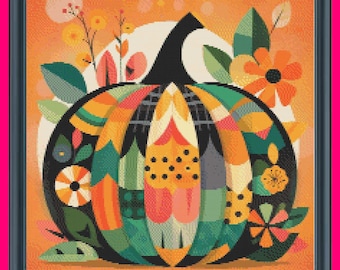 Patchwork Pumpkin Halloween themed digital download cross stitch pattern
