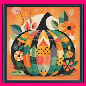 Peut inclure: Une citrouille géométrique colorée avec des accents noirs, orange, jaunes, verts et roses. La citrouille est entourée de fleurs et de feuilles stylisées sur un fond orange chaud.