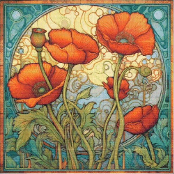 Stained Glass Art Deco Poppies - Digital Download PDF Cross Stitch Pattern