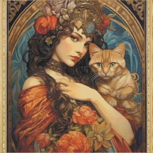 Woman with Cat - Art Nouveau Inspired Cross Stitch Digital Download Pattern