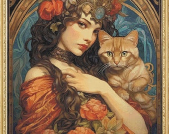 Woman with Cat - Art Nouveau Inspired Cross Stitch Digital Download Pattern