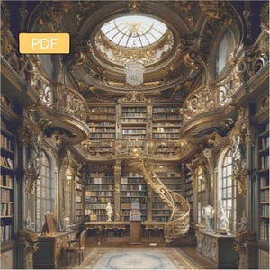 May include: A grand, ornate library with a spiral staircase leading to a balcony. The library is decorated with gold accents and features a large, domed ceiling with a skylight. Bookshelves line the walls, filled with books.