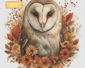 May include: A detailed illustration of a barn owl, centered and facing forward, surrounded by a wreath of autumn leaves and flowers in shades of orange, brown, and yellow. The owl has a heart-shaped face and dark eyes. A PDF icon is in the upper left corner.
