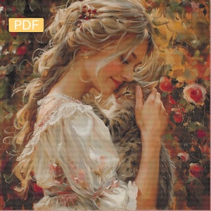 May include: A woman with long blonde hair is holding a brown and white tabby cat. She is wearing a white dress with lace trim and has a gentle smile on her face. The background is a blurred image of autumn leaves and flowers.