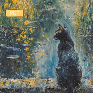 Op de afbeelding: Een impressionistisch schilderij van een zwarte kat die bij een vijver zit, met gele en groene bladeren op de achtergrond. De kat is van achteren te zien en kijkt naar links. Het schilderij heeft een getextureerde, schilderachtige kwaliteit.