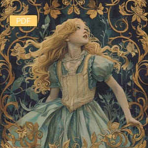 Könnte beinhalten: Digitaldruck mit einem jungen Mädchen mit langen blonden Haaren, das ein blaues und gelbes Kleid trägt und nach oben blickt. Der Hintergrund ist ein dunkles Teal mit goldenen Blumen- und Scroll-Details. Ein gelbes Rechteck mit dem Text "PDF" befindet sich oben links.