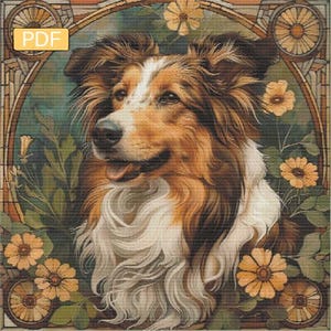May include: A brown and white Collie dog with a long, fluffy coat. The dog is looking to the right and has a happy expression. The dog is surrounded by green leaves and yellow flowers.
