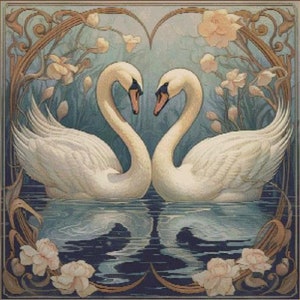 May include: An art print depicting two white swans with necks intertwined, forming a heart. The swans are reflected in the water. The artwork has a vintage style with floral and decorative elements in soft colours.