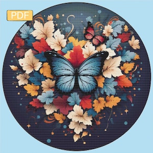 May include: A blue butterfly with brown veins on its wings is surrounded by a heart-shaped arrangement of colorful autumn leaves. The leaves are in shades of red, orange, yellow, and brown. The background is a dark blue.