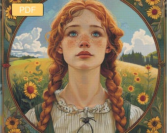 May include: A digital art print of a young woman with red braided hair and freckles, framed by a floral border. The background shows a field of sunflowers under a blue sky with clouds. The image has a PDF label.