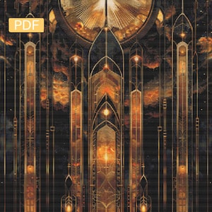 May include: A digital illustration of a tall, ornate structure with a gold and black colour scheme. The structure is made up of many vertical lines and arches, and it is illuminated by a bright light at the top. The background is a dark, cloudy sky.