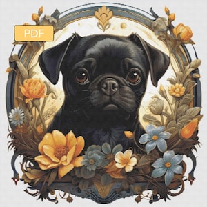 May include: A digital art print of a black pug dog surrounded by a floral wreath. The pug has brown eyes and is centered in an oval frame with a gold and blue border. The wreath features yellow, blue, and white flowers.
