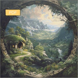 May include: A digital art print of a landscape scene featuring a hobbit hole, a winding path, and a distant mountain range. The image is framed by a stone archway and lush greenery, with the word "PDF" in a yellow box in the upper left corner.