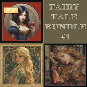 May include: A digital PDF bundle featuring four framed portraits of fairytale characters. The top left image shows a woman with dark hair holding a red apple. The text "FAIRY TALE BUNDLE #1" is displayed in white. The other portraits feature blonde women.