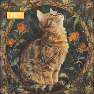 May include: A brown tabby cat with green eyes sits in a stained glass frame with roses and vines. The cat is looking up and has a curious expression. The text "PDF" is in the upper left corner of the image.