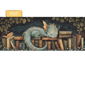 Pode incluir: Ilustração de um bebê dragão dormindo em cima de uma pilha de livros antigos. O dragão é azul claro com detalhes laranja, aninhado entre os livros antigos encadernados em couro. O fundo mostra um céu estrelado e árvores.