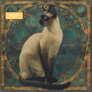 May include: A Siamese cat with blue eyes sits in a circular stained glass frame with gold accents. The background is a teal blue color.