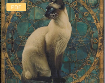Könnte beinhalten: Eine Siamkatze mit blauen Augen sitzt in einem runden Buntglasrahmen mit goldenen Akzenten. Der Hintergrund ist blaugrün.