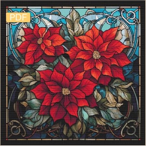 Stained Glass Art Deco Poinsettias - Digital Download PDF Cross Stitch Pattern