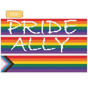 Op de afbeelding: Een kleurrijk kruissteekontwerp met de witte woorden "PRIDE" en "ALLY" tegen een regenboogachtergrond. Het ontwerp bevat de transgender pride vlag. Een klein "PDF"-pictogram staat in de linkerbovenhoek.