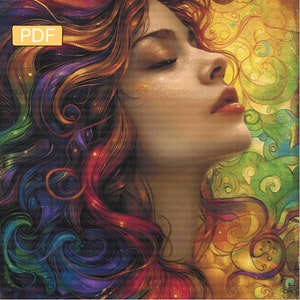 May include: A woman with long, flowing hair in shades of red, purple, and gold. Her eyes are closed and she is looking upwards. The background is a swirl of colours and patterns.
