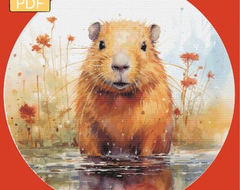 May include: A brown and white capybara stands in a shallow pool of water. The capybara has a wet, furry coat and is looking directly at the viewer. The background is a watercolor painting of tall grasses and flowers.