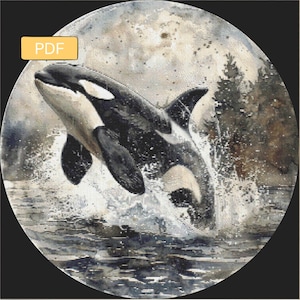 May include: A cross-stitch pattern depicting a killer whale leaping from the water, with a moonlit sky and trees in the background. The orca is black and white, with water splashing. The image is circular, with a PDF label.