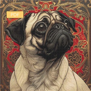 May include: Detailed illustration of a pug dog with a cream-colored coat and black facial features. The dog is set against a decorative background with red and gold floral patterns. A yellow box with the text "PDF" is in the upper left corner.