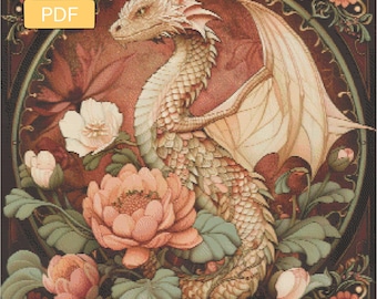 May include: A digital art print depicting a dragon with cream scales and wings, surrounded by peach and white flowers and green leaves. The dragon is set against a burgundy background within a decorative frame. The word "PDF" is in a yellow box.