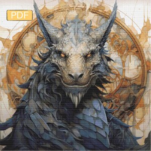 May include: Digital cross-stitch pattern featuring a detailed dragon portrait. The dragon has a gray and blue scaled face with orange eyes and sharp teeth. The background includes a golden, circular design and the text "PDF".