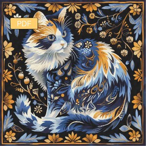 Könnte beinhalten: Detaillierte Illustration einer Katze mit floralem Design. Die Katze ist in Weiß-, Blau- und Goldtönen vor einem schwarzen Hintergrund dargestellt. Das Bild hat eine quadratische Form und enthält den Text "PDF" in einem gelben Feld.