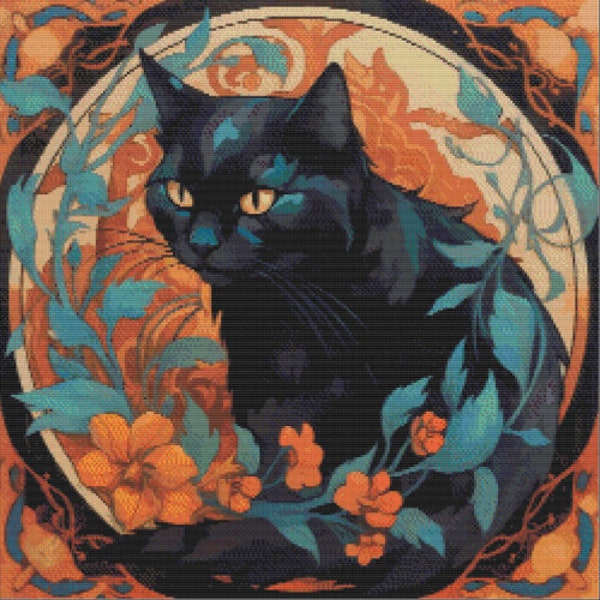 Alphonse Mucha inspirierte Katze # 2 digitaler Download Kreuzstichmuster