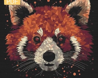May include: A red panda with a geometric pattern, against a black background with orange and white dots. The red panda's face is close-up and the eyes are visible.
