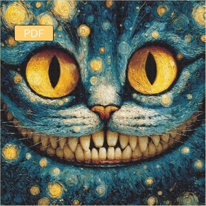 May include: Close-up of a stylized cat face with large yellow eyes and a wide grin. The cat's fur is a swirling blue with yellow star-like accents. The image has a painterly style and includes the text "PDF".